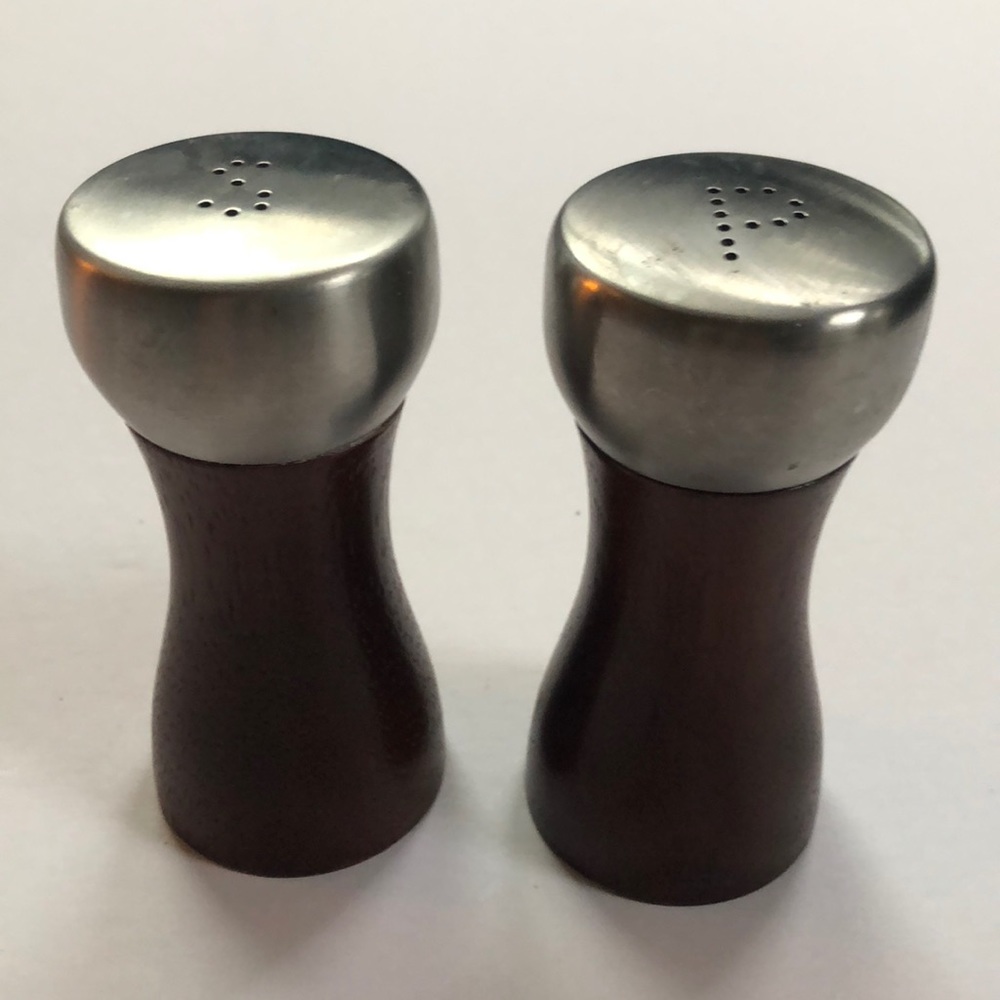 Cute pair of wood and metal salt and pepper shakers